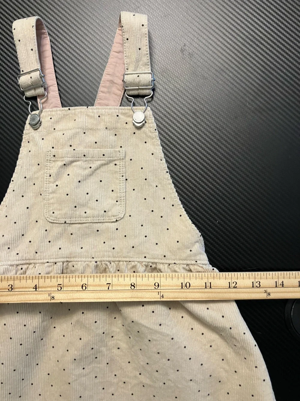 Zara Cream Corduroy Overall Dress with Navy Dot Print